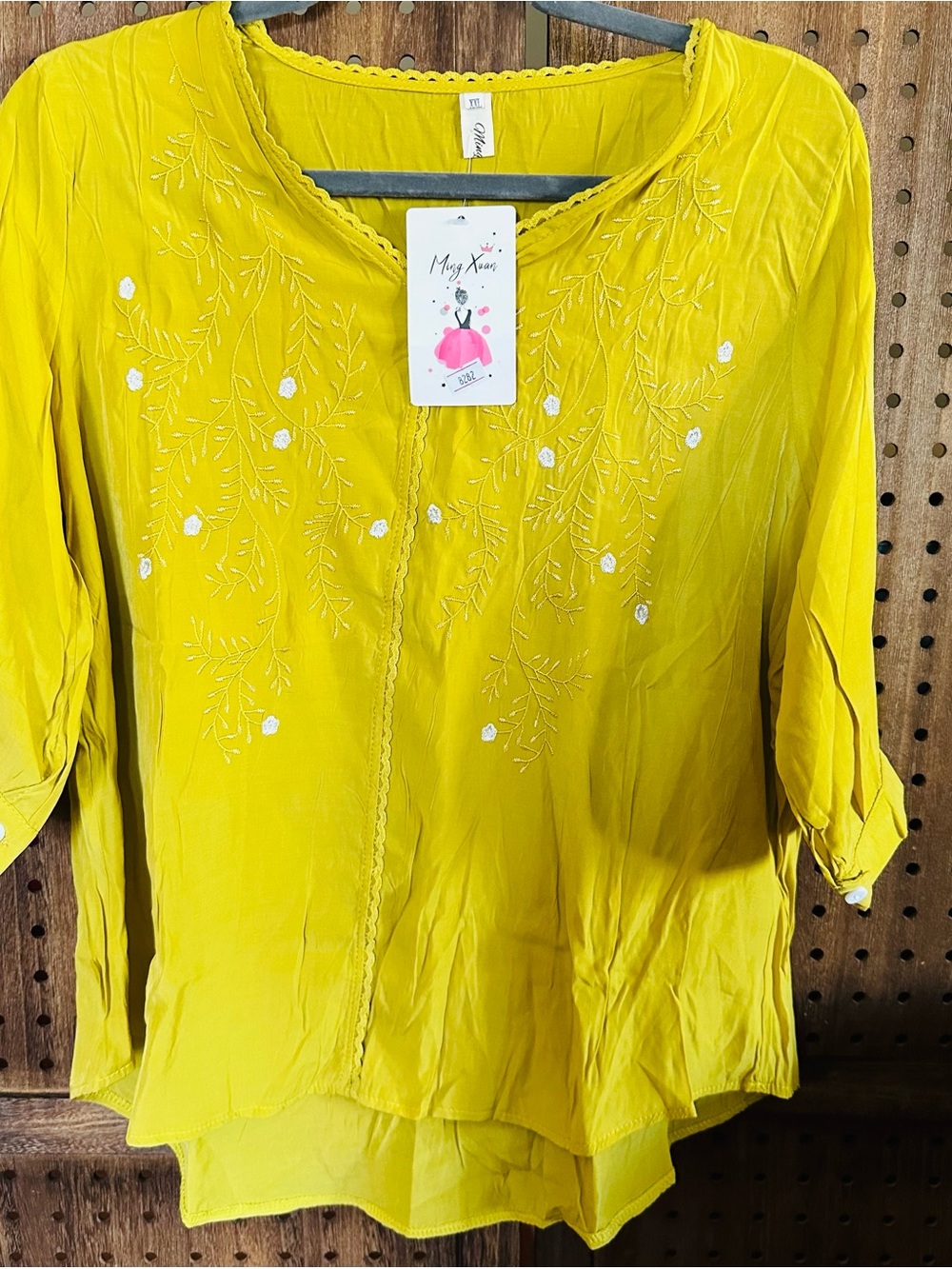 Ming Xuan Bright Yellow Embroidered Peasant Tunic Size L